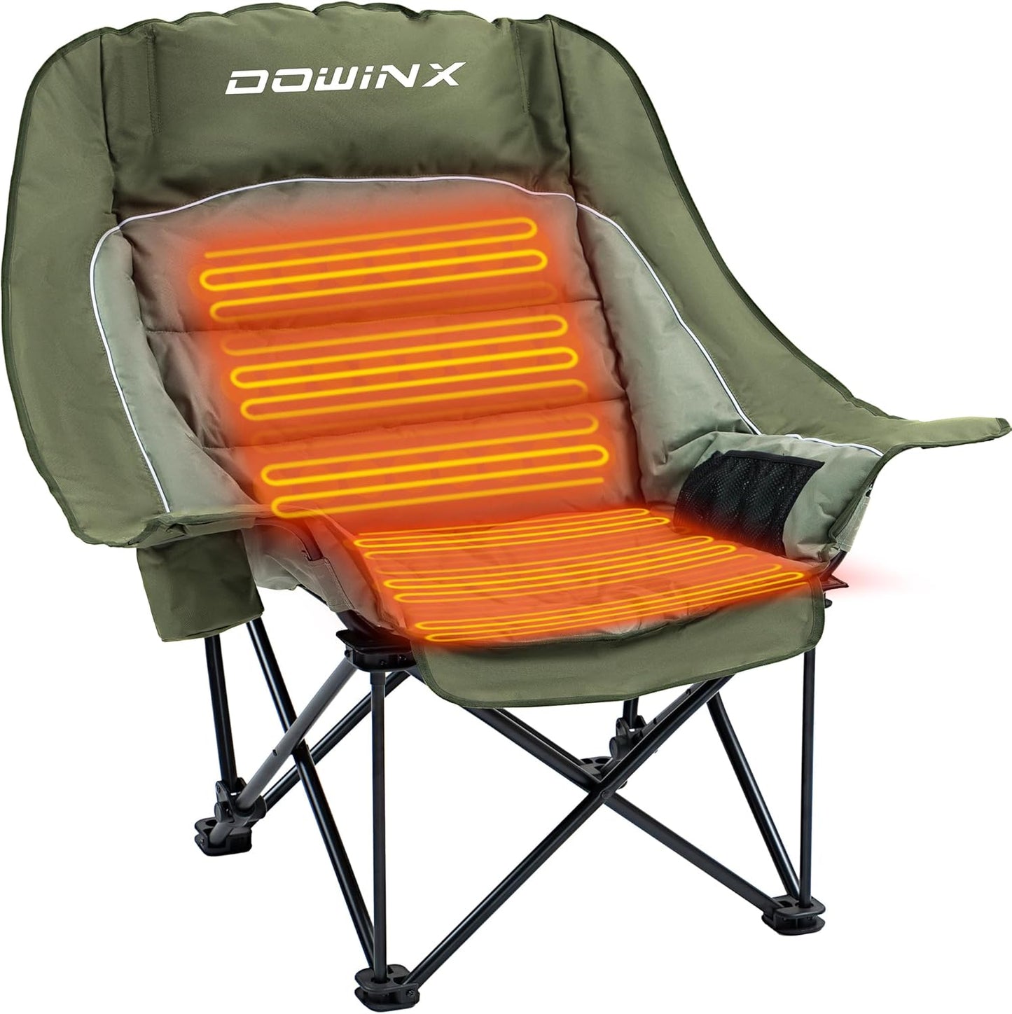 Oversized Extra Large Heated Camping Chair for Adults, Lawn Chairs, Folding, Adjustable Padded Camping Chair, Heavy-Duty 600D Oxford Cloth, with Cup Holder, 300 Pound Capacity, Green