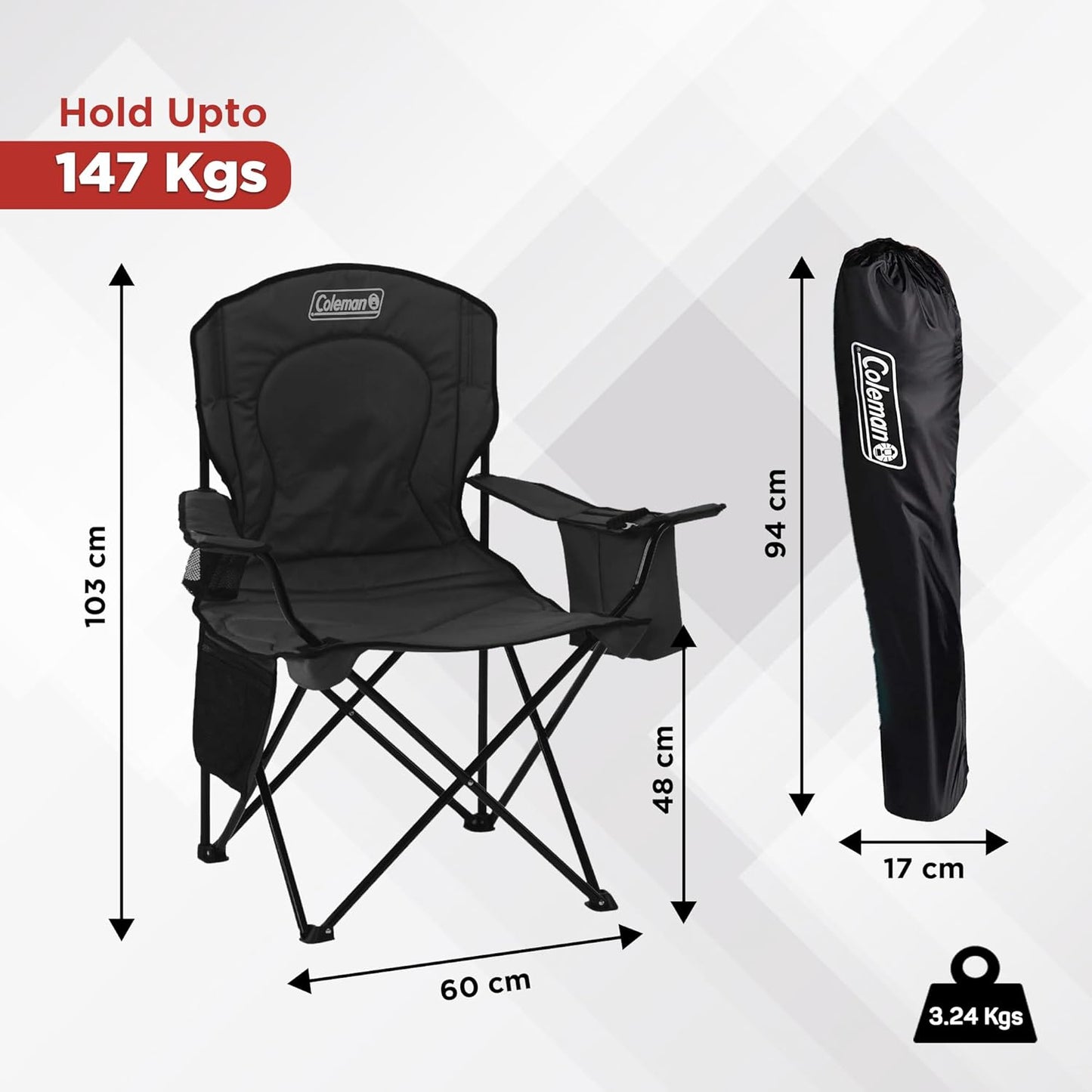 Portable Camping Chair with 4-Can Cooler, Fully Cushioned Seat and Back with Side Pocket and Cup Holder, Carry Bag Included, Collapsible Chair for Camping, Tailgates, Beach, and Sports