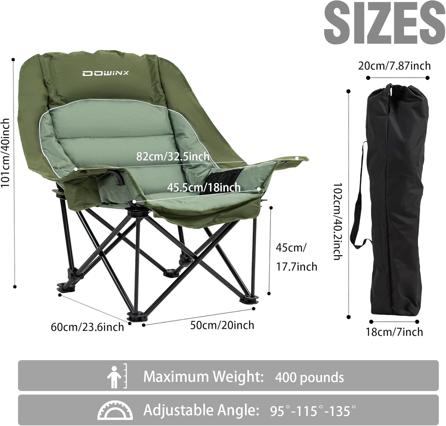 Oversized Extra Large Heated Camping Chair for Adults, Lawn Chairs, Folding, Adjustable Padded Camping Chair, Heavy-Duty 600D Oxford Cloth, with Cup Holder, 300 Pound Capacity, Green