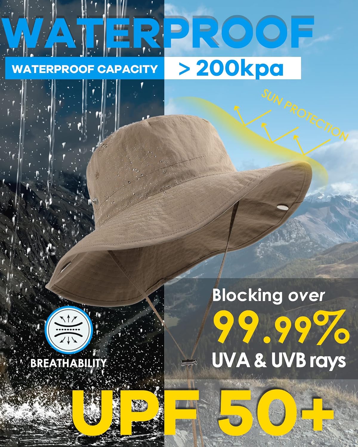 Waterproof Bucket Rain Hat for Women Wide Brim Summer UPF50+ Cowboy Sun Hat Men Foldable Soft Floppy Beach Hat