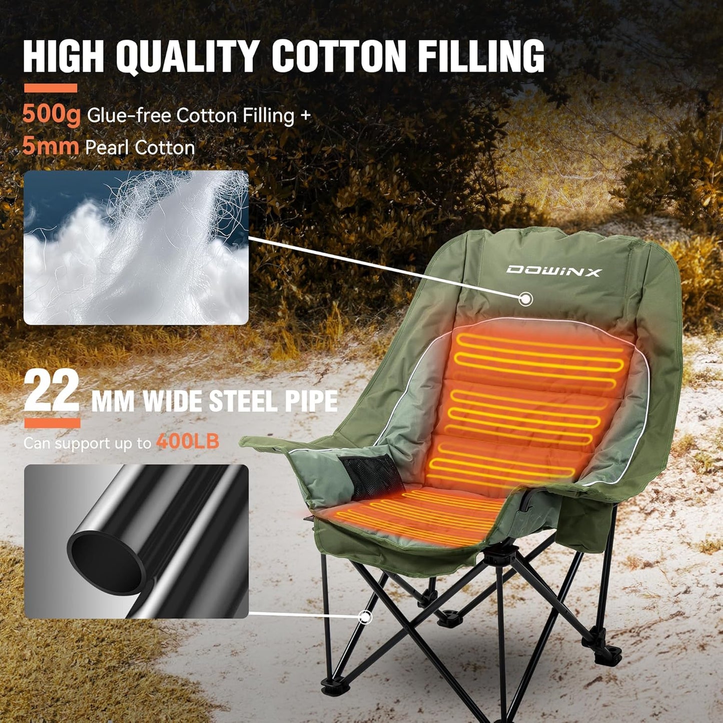 Oversized Extra Large Heated Camping Chair for Adults, Lawn Chairs, Folding, Adjustable Padded Camping Chair, Heavy-Duty 600D Oxford Cloth, with Cup Holder, 300 Pound Capacity, Green