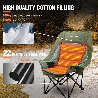 Oversized Extra Large Heated Camping Chair for Adults, Lawn Chairs, Folding, Adjustable Padded Camping Chair, Heavy-Duty 600D Oxford Cloth, with Cup Holder, 300 Pound Capacity, Green