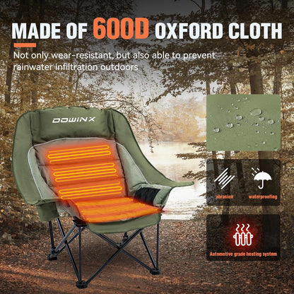 Oversized Extra Large Heated Camping Chair for Adults, Lawn Chairs, Folding, Adjustable Padded Camping Chair, Heavy-Duty 600D Oxford Cloth, with Cup Holder, 300 Pound Capacity, Green