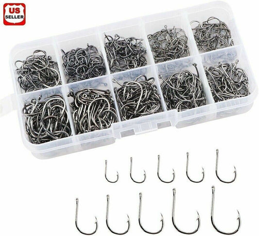 500Pcs Fish Hooks 10 Sizes Fishing Black Silver Sharpened with Box Quality Kit