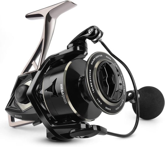 Megatron Spinning Reel, Freshwater and Saltwater Spinning Fishing Reel, Rigid Aluminum Frame 7+1 Double-Shielded Stainless-Steel BB, over 30 Lbs. Carbon Drag, CNC Aluminum Spool & Handle